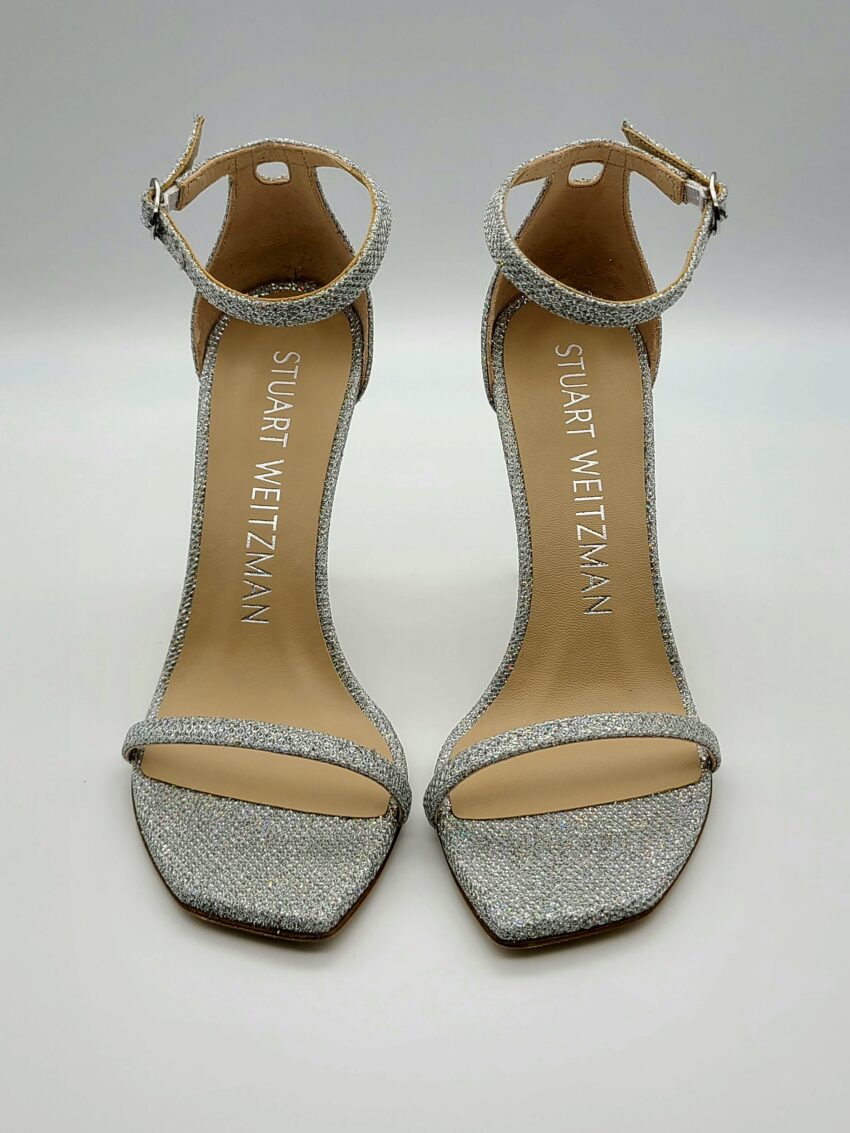 Stuart Weitzman Nudistcurve Shimmery Ankle-Strap Sandals