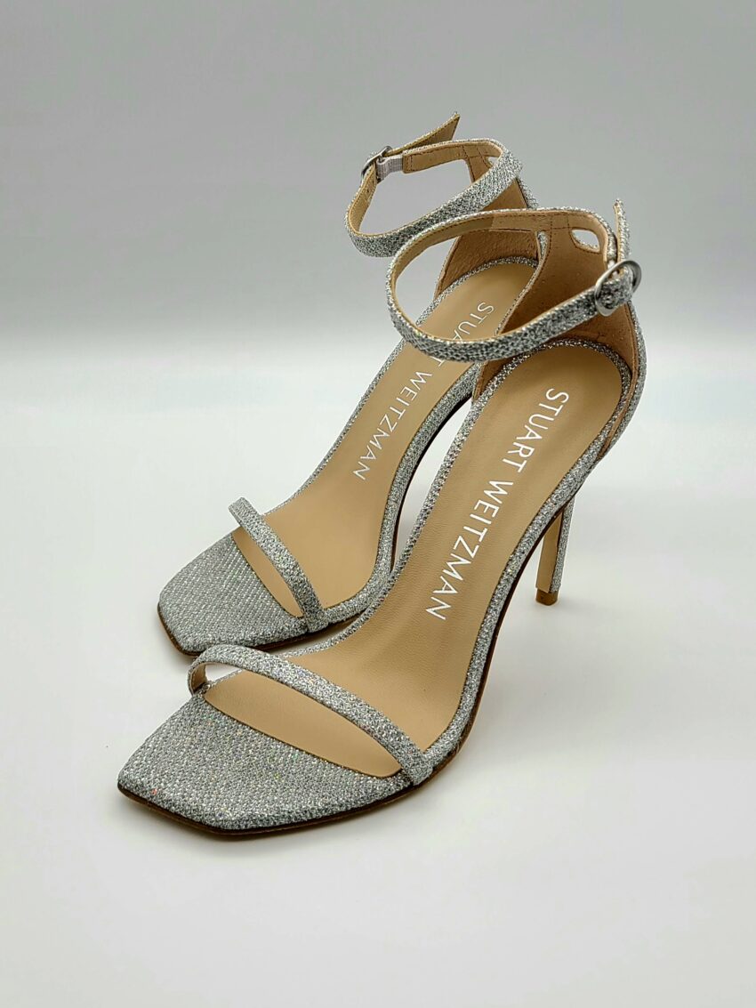 Stuart Weitzman Nudistcurve Shimmery Ankle-Strap Sandals