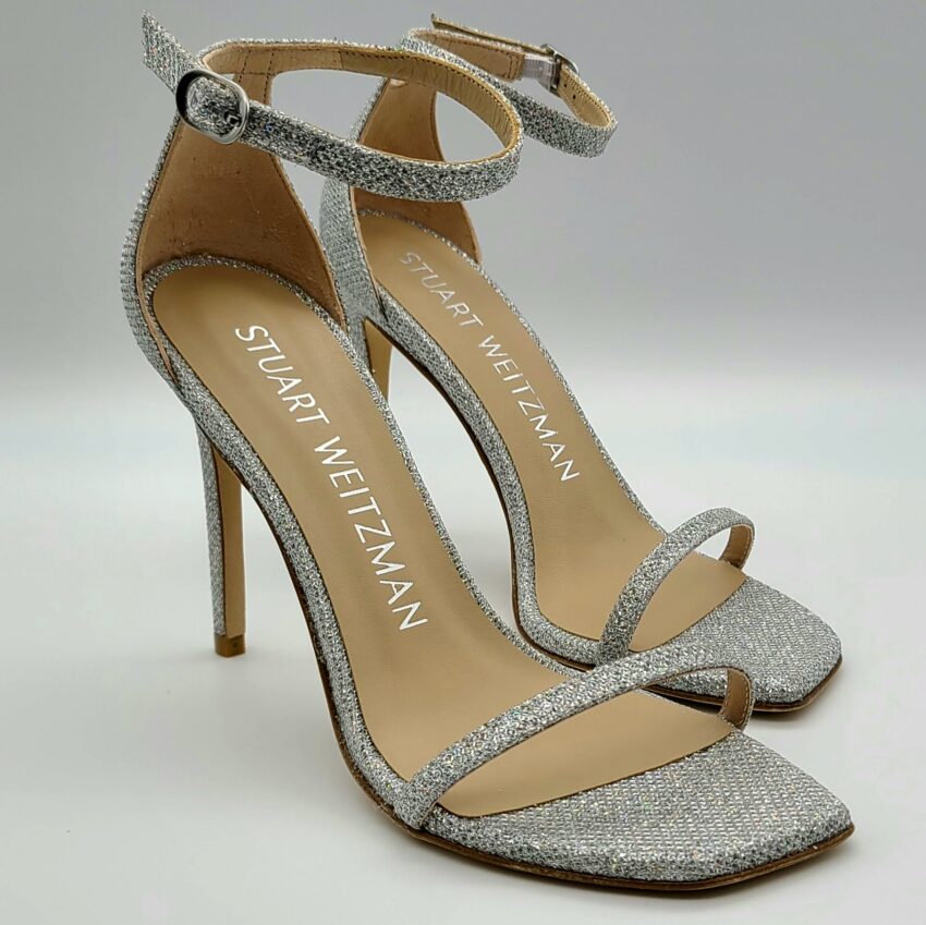 Stuart Weitzman Nudistcurve Shimmery Ankle-Strap Sandals