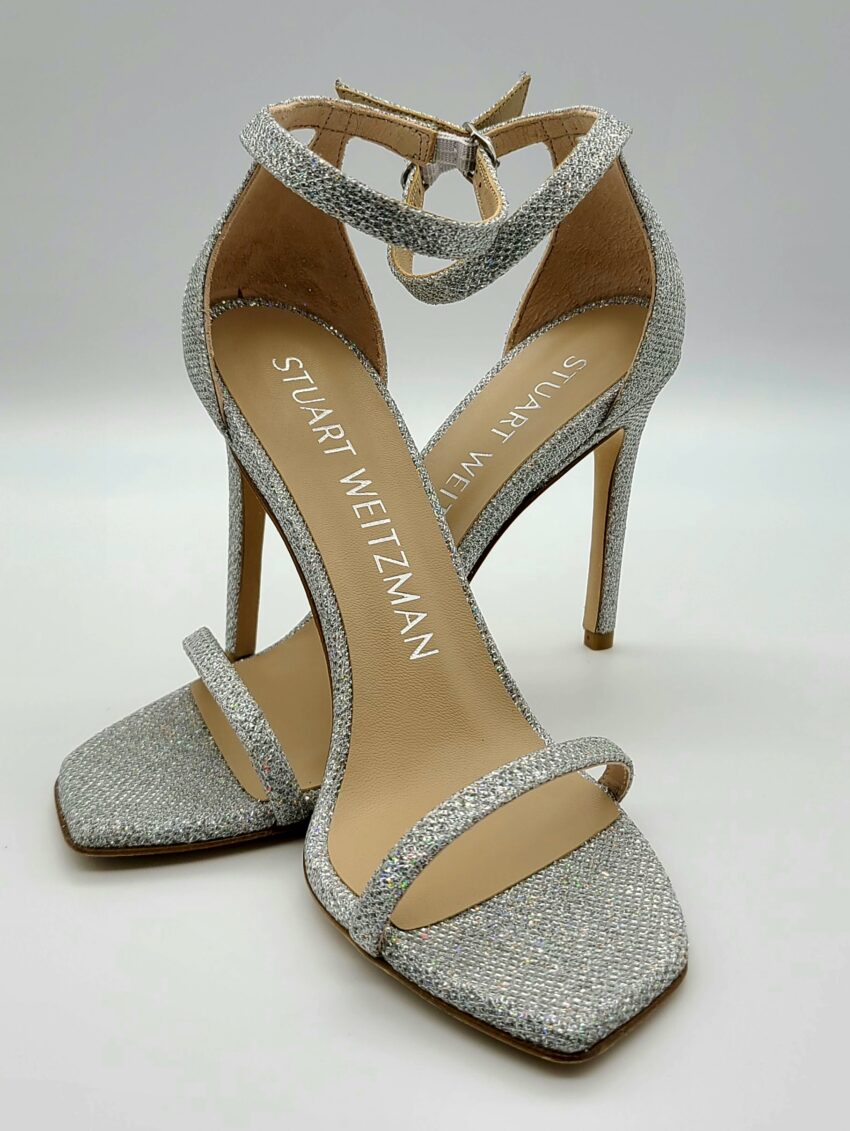 Stuart Weitzman Nudistcurve Shimmery Ankle-Strap Sandals