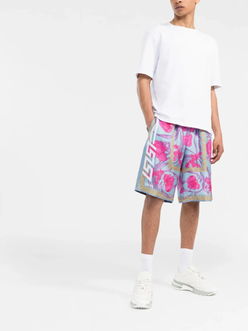 $1225 Versace Acid Bouquet Print Silk Basketball Shorts