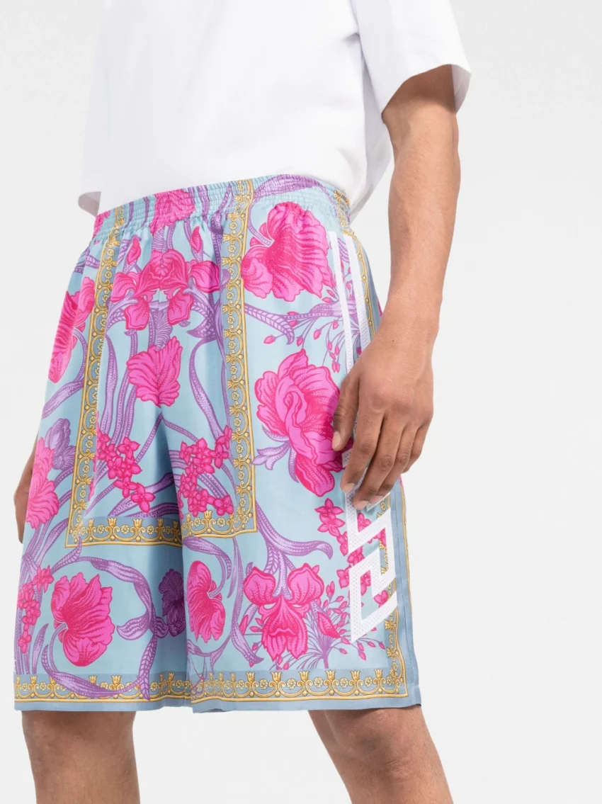 $1225 Versace Acid Bouquet Print Silk Basketball Shorts