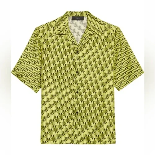 $990 AMIRI Allover Logo Short Sleeve Silk Button-Up Camp Shirt