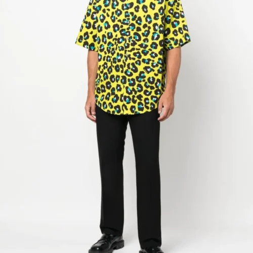 Versace Leopard Print Short Sleeve Cotton Button-Up Shirt