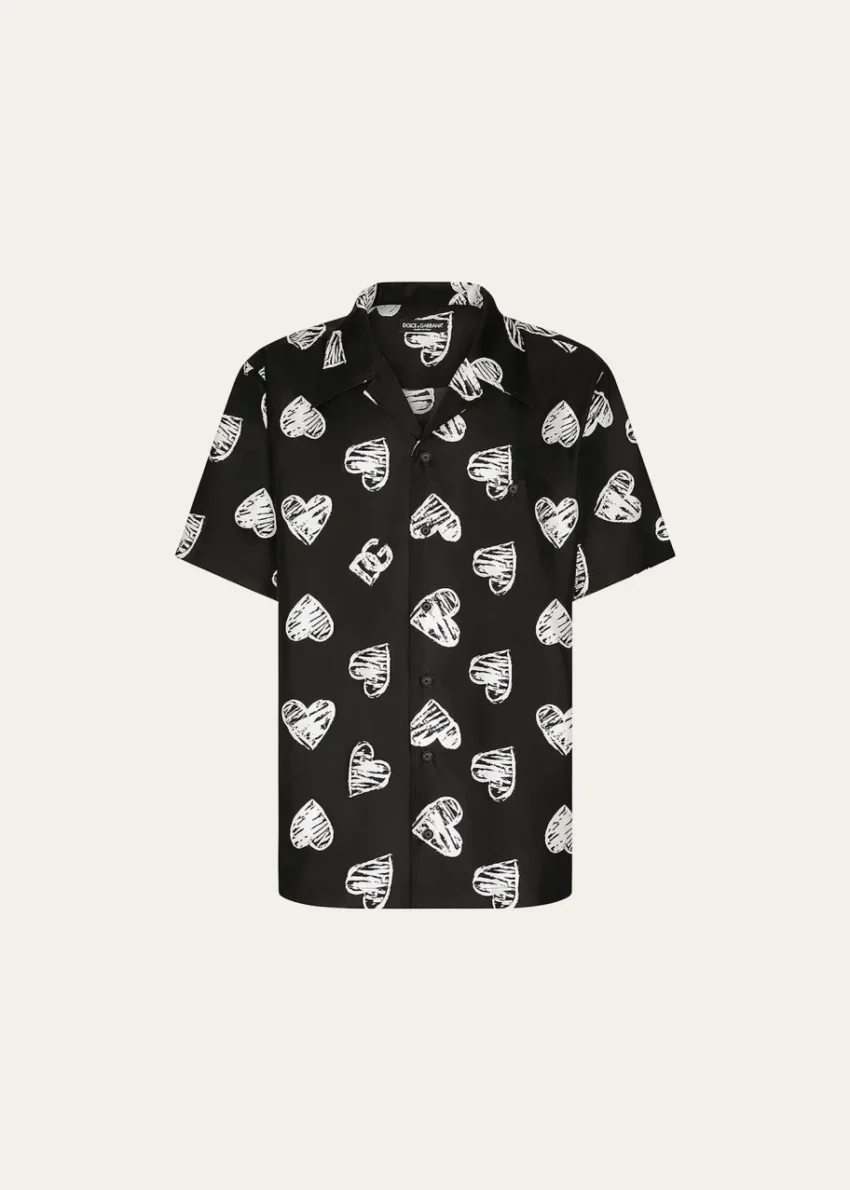 $1595 Dolce & Gabbana Men's DG Hearts Sketch Camp Shirt Dolce & Gabbana Men's DG Hearts Sketch Camp Shirt