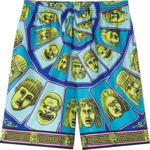 $1080 Versace Head Print Silk Shorts Acid Green Teal