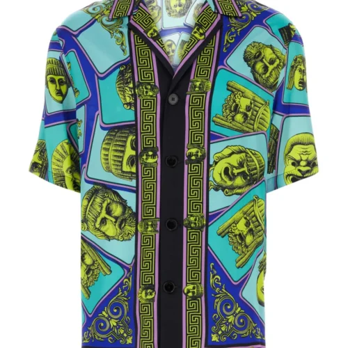 $1525 Versace Masks Print Short Sleeve Silk Camp Shirt