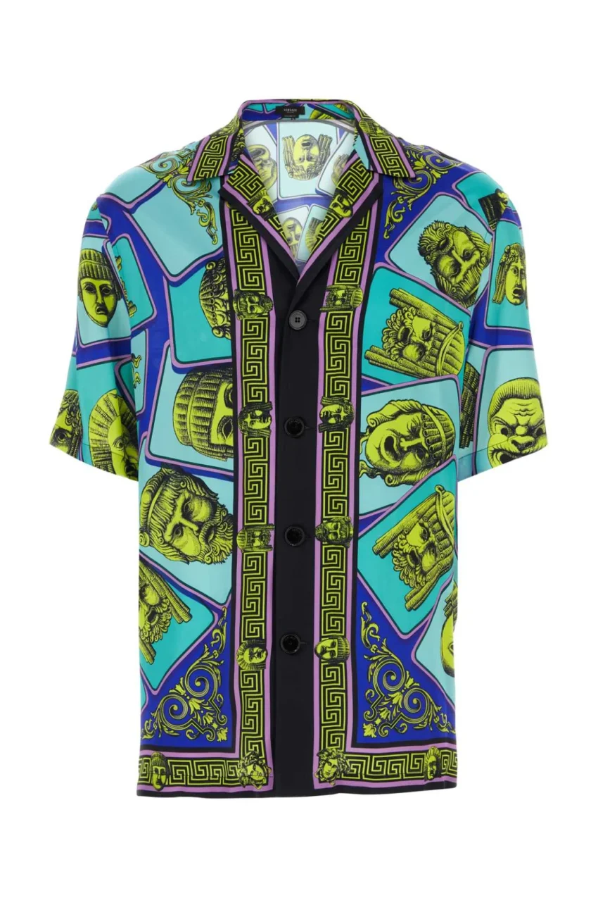 $1525 Versace Masks Print Short Sleeve Silk Camp Shirt