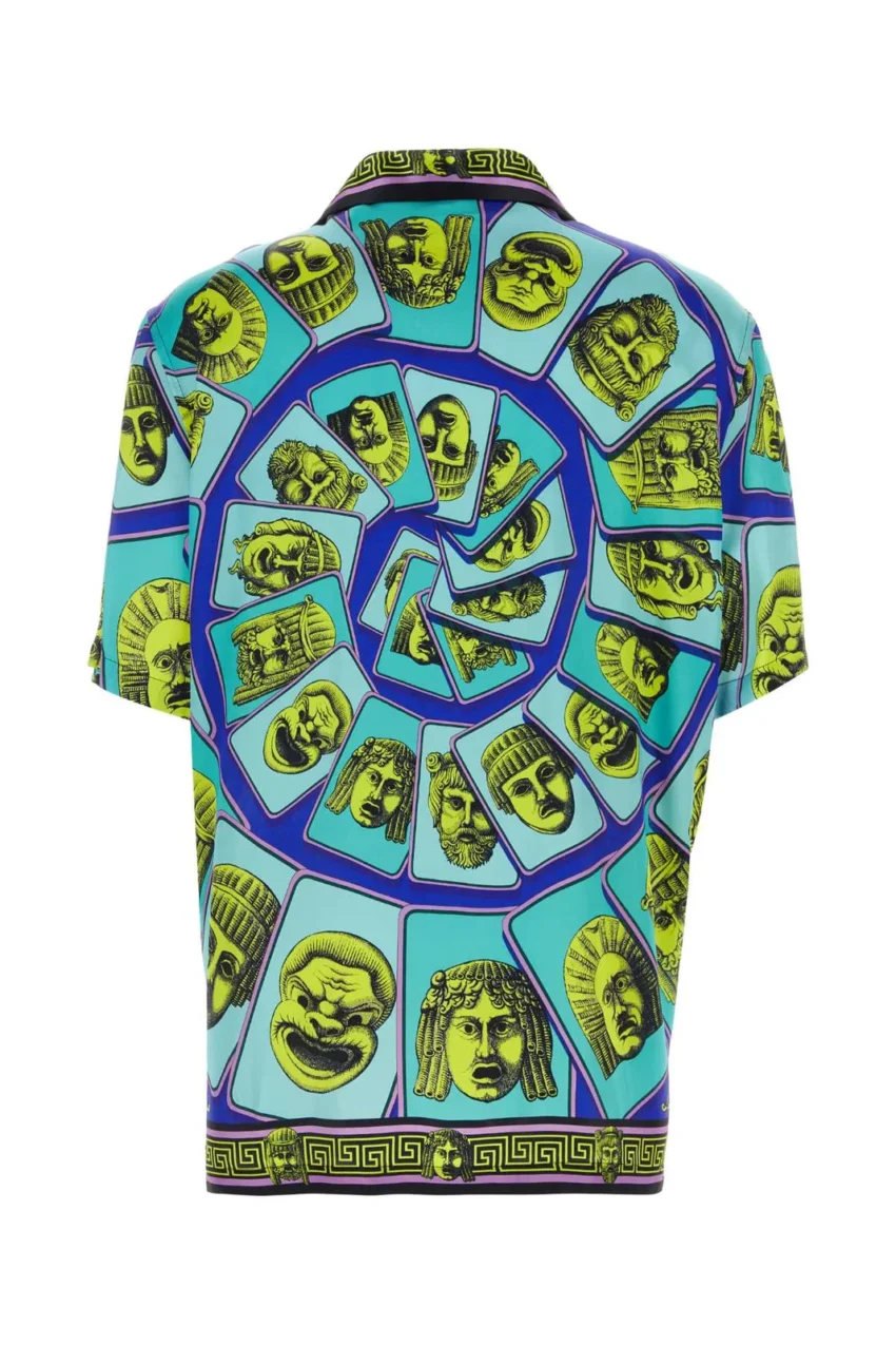 $1201 Versace Masks Print Short Sleeve Silk Camp Shirt