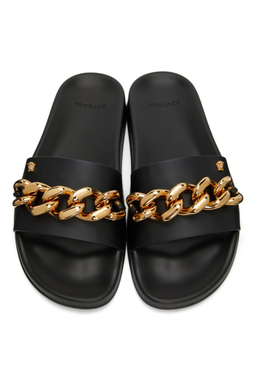 versace black leather medusa chain slides 1