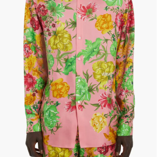 $236 Versace Floral Silk Twill Button-Up