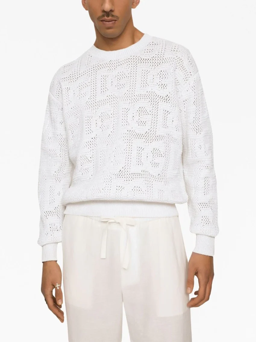 $1545 Dolce & Gabbana Logo Open-Knit Sweater-White